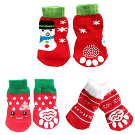 4PCS/Set Pet Dogs Soft Cotton Anti-slip Knit Shoes Weave Warm Christmas Sock Skid Bottom Mini Dog Socks Indoor Outdoor Party