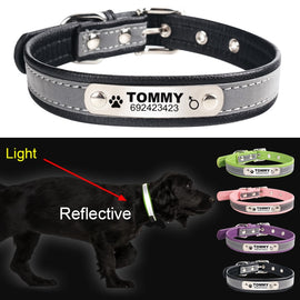 FLOWGOGO Reflective Leather Personalized Engraved Dog Collar Custom Puppy Cat Pet Collars ID Tag For For Small Medium Dogs